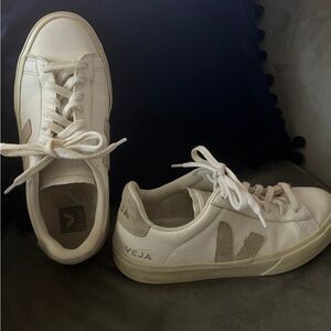 Veja Women’s White Leather Sneakers with Beige Suede V Logo